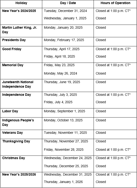 2025 MPF Holiday Schedule