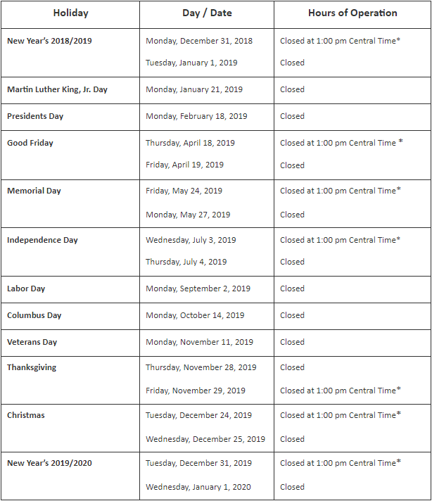 Holiday Schedule Holiday Schedule
